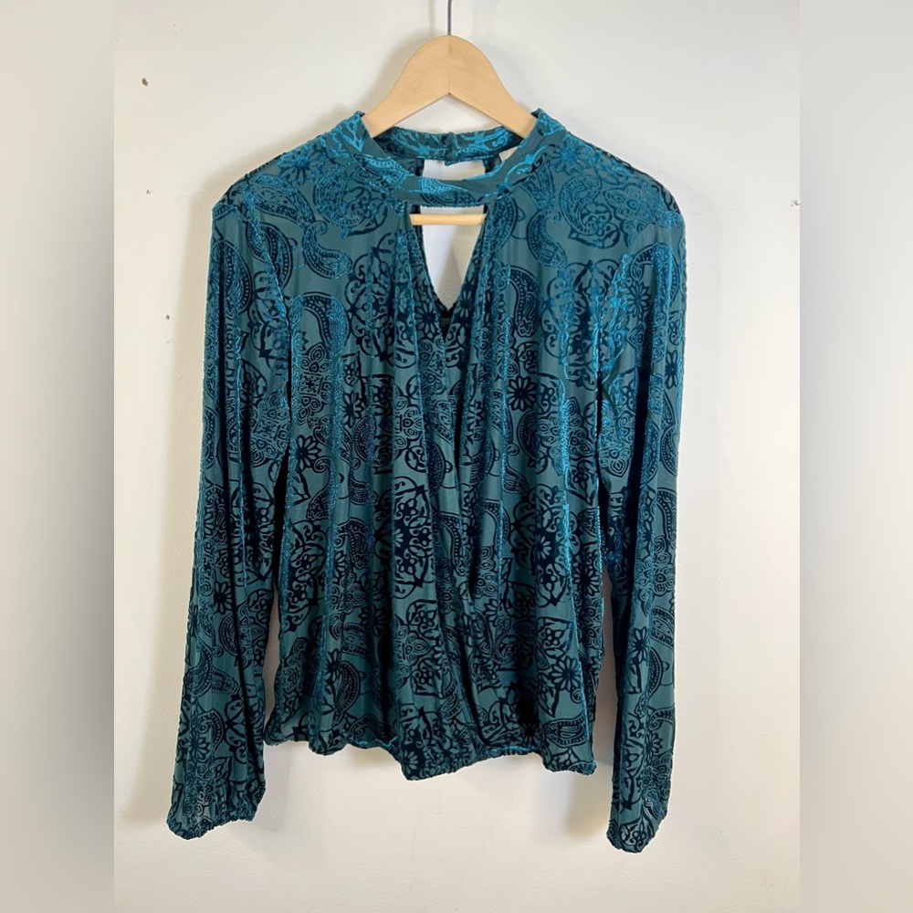 Finn & Grace Long Sleeved Blue and Green Velvet Top Size M